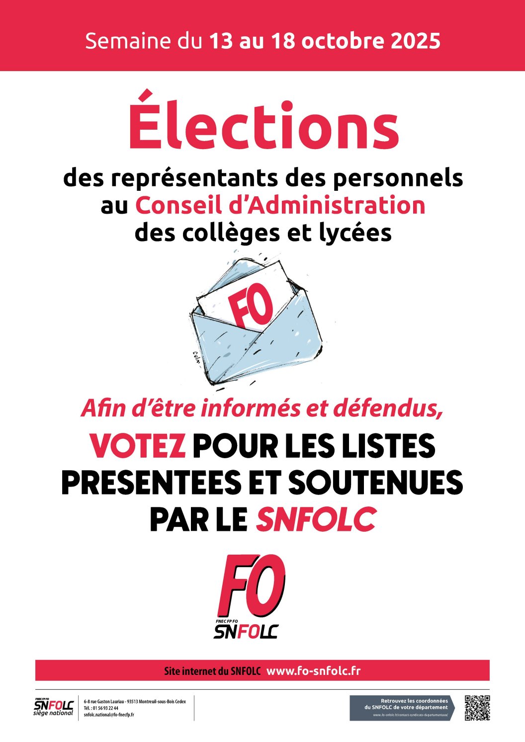 Défendez vos conditions de travail ! Votez pour les listes présentées ou soutenues par le SNFOLC !